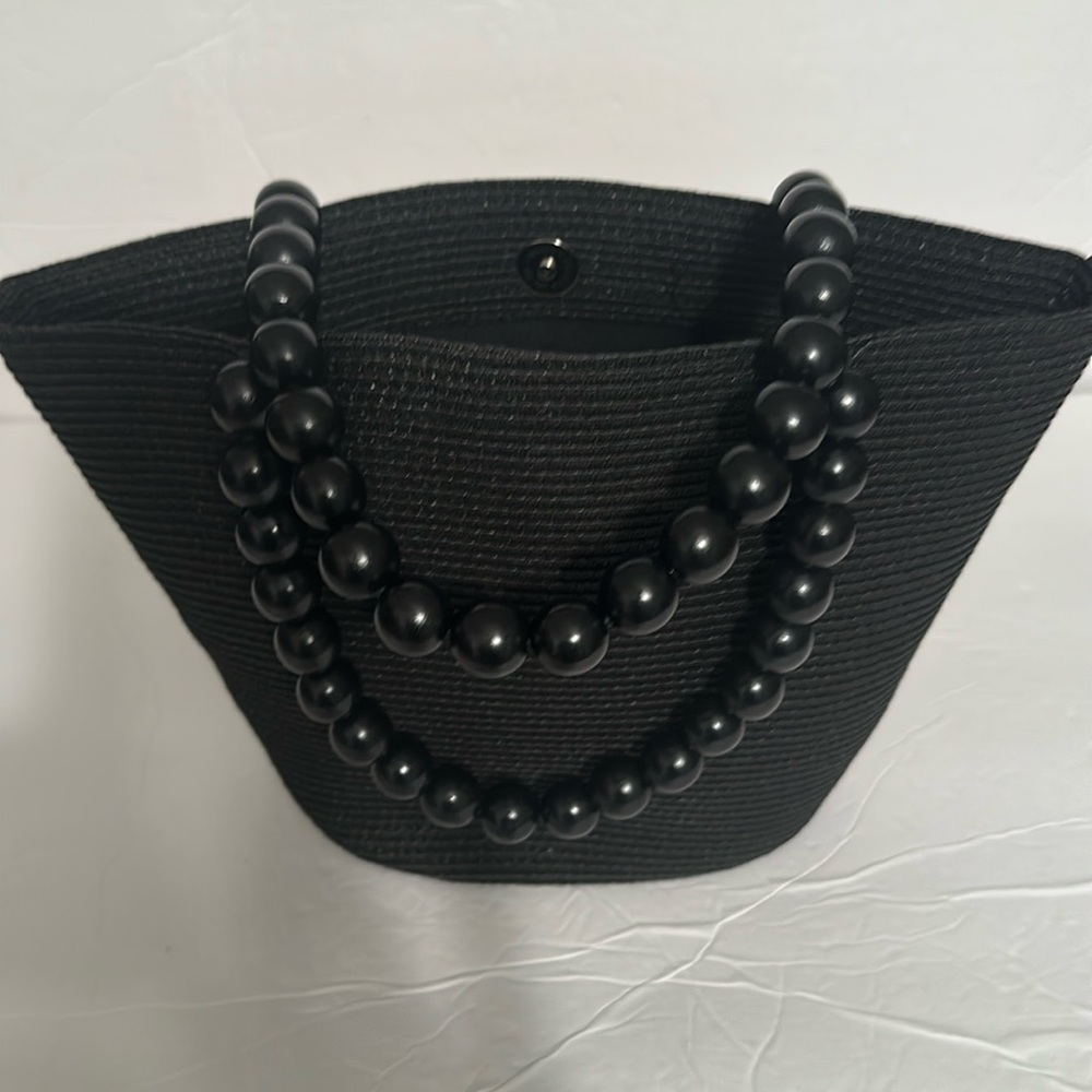 Talbots Beaded Handle Woven Straw Hand Bag In Black